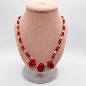 Vintage Unique Artsy Red Beaded with Silver Tone Details Statement Necklace